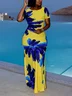 Crew Neck Short Sleeve Floral Printing Elegant Maxi Dress