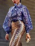 Elegant Tie Neck Leopard Loose Balloon Sleeve Blouse