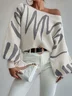 Abstract Stripes Balloon Sleeve Boat Neck Urban Sweater