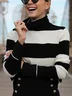 Color Block Buttoned Mock Neck Elegant Sweater