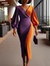 Elegant Balloon Sleeve Color Block V Neck  Dress